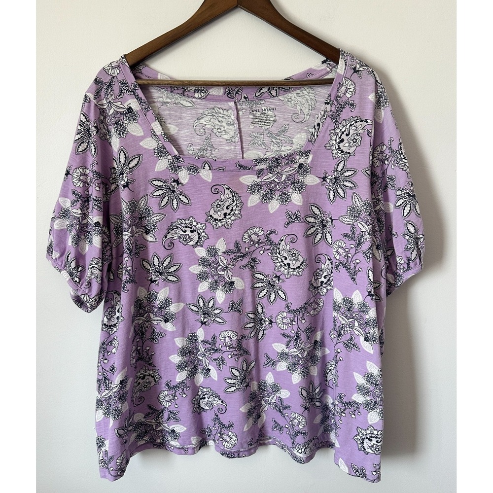 Lane Bryant Purple Floral Top Womens Plus Size 22/24 Paisley Square Neck Cottage